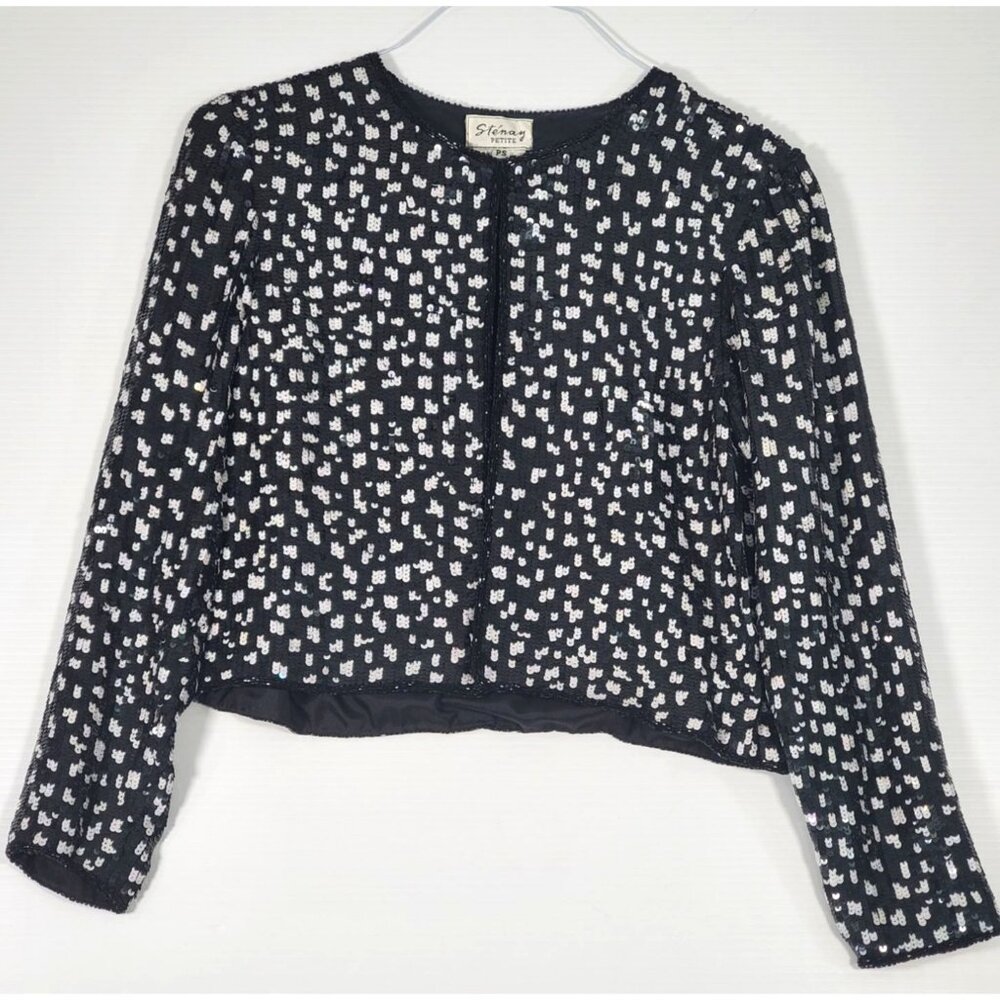 Vintage Stenag  Black and White Sequin Silk Bolero Evening Jacket Sz P S 1599 - Picture 8 of 12